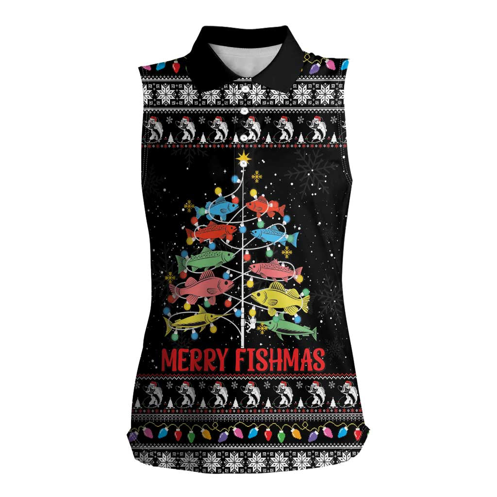 Merry Fishmas Women Sleeveless Polo Shirt Fishing Christmas Tree Lights - Wonder Print Shop