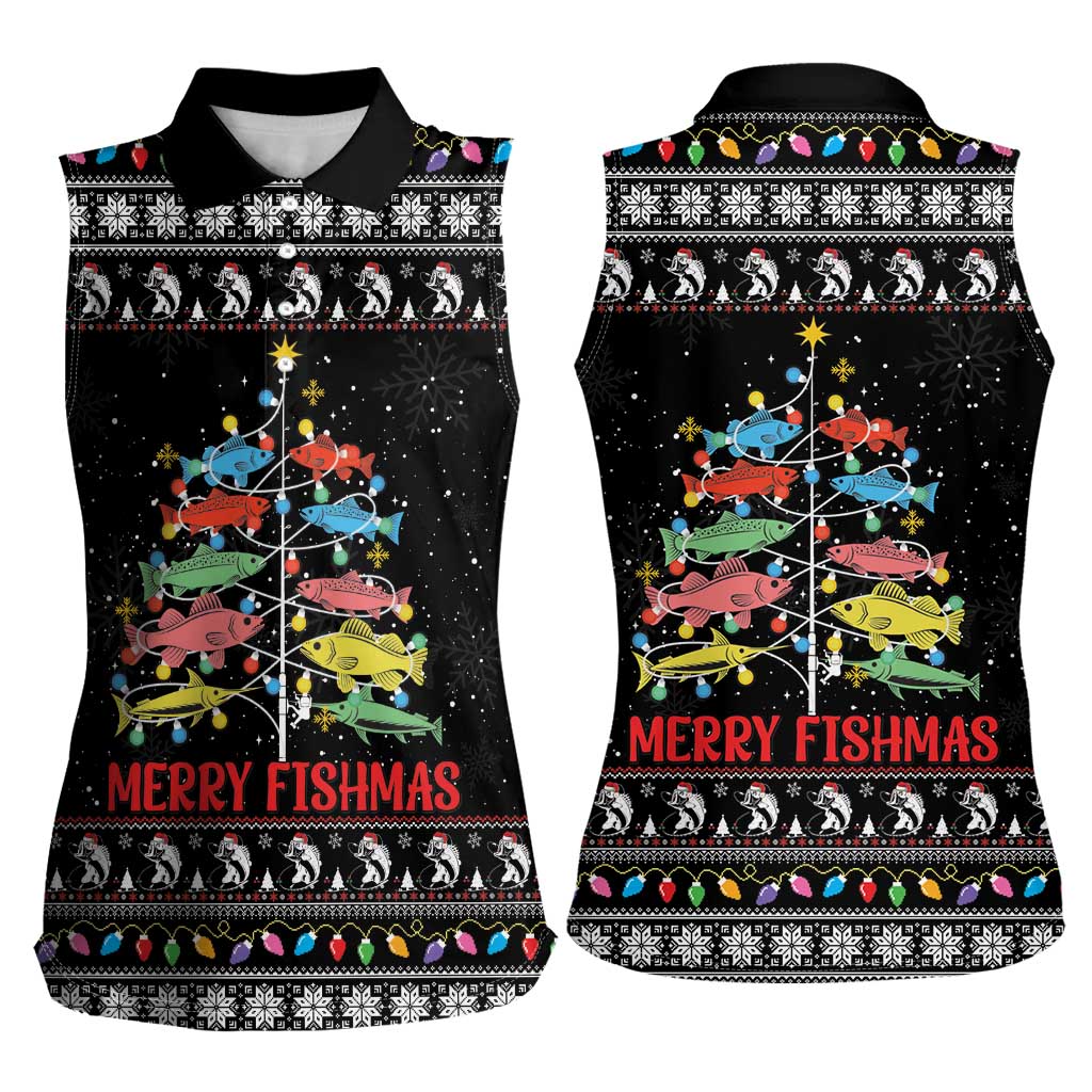 Merry Fishmas Women Sleeveless Polo Shirt Fishing Christmas Tree Lights - Wonder Print Shop