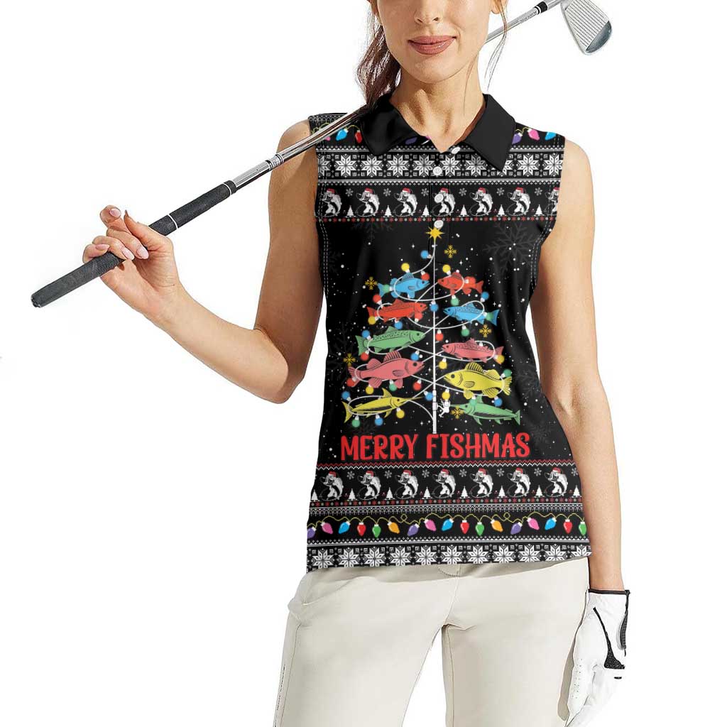 Merry Fishmas Women Sleeveless Polo Shirt Fishing Christmas Tree Lights - Wonder Print Shop