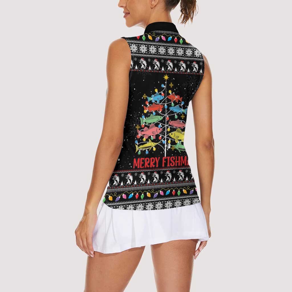 Merry Fishmas Women Sleeveless Polo Shirt Fishing Christmas Tree Lights - Wonder Print Shop