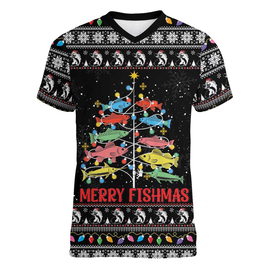 Merry Fishmas Women V-Neck T-Shirt Fishing Christmas Tree Lights - Wonder Print Shop