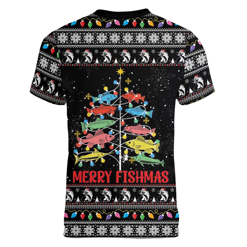 Merry Fishmas Women V-Neck T-Shirt Fishing Christmas Tree Lights - Wonder Print Shop