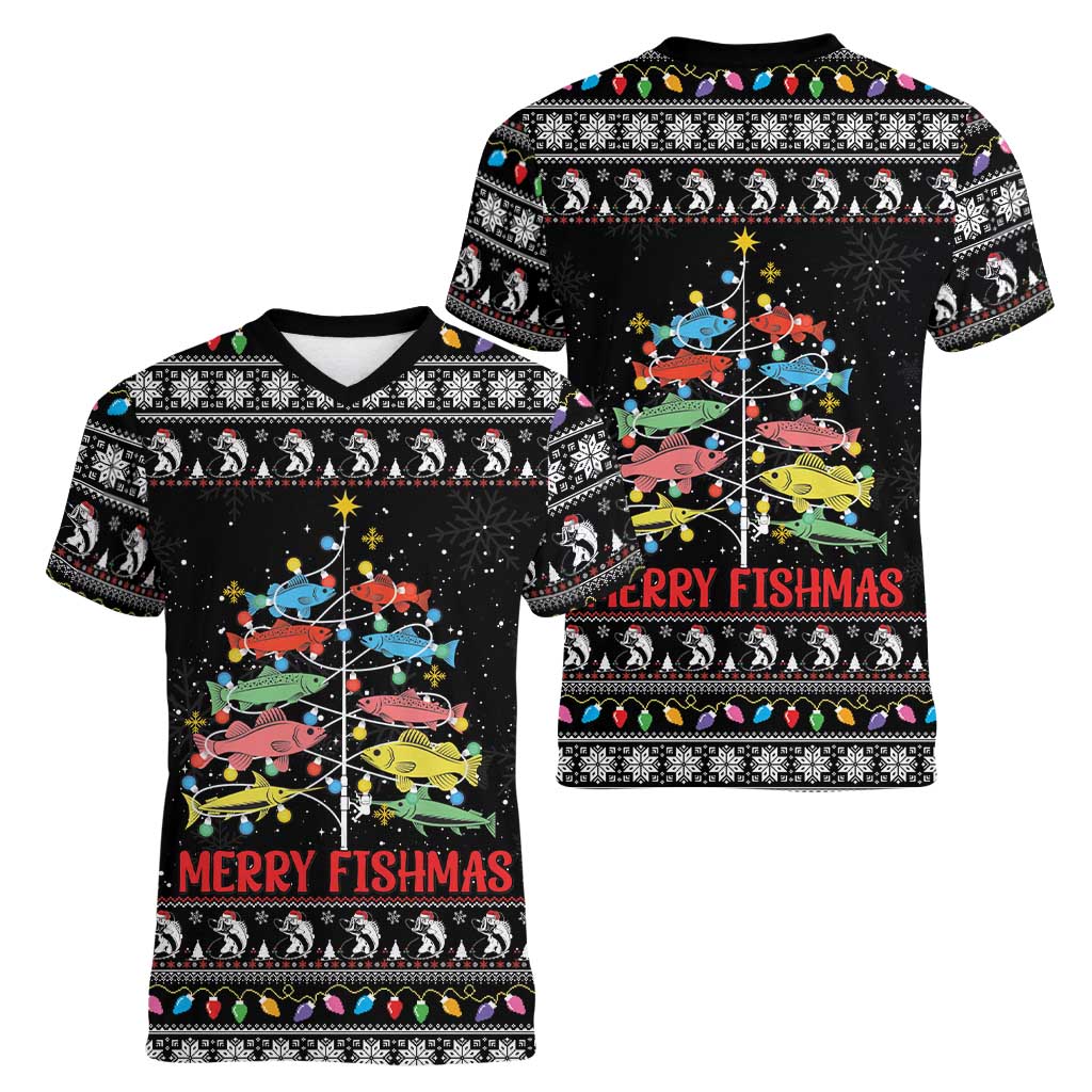 Merry Fishmas Women V-Neck T-Shirt Fishing Christmas Tree Lights - Wonder Print Shop