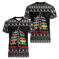 Merry Fishmas Women V-Neck T-Shirt Fishing Christmas Tree Lights - Wonder Print Shop