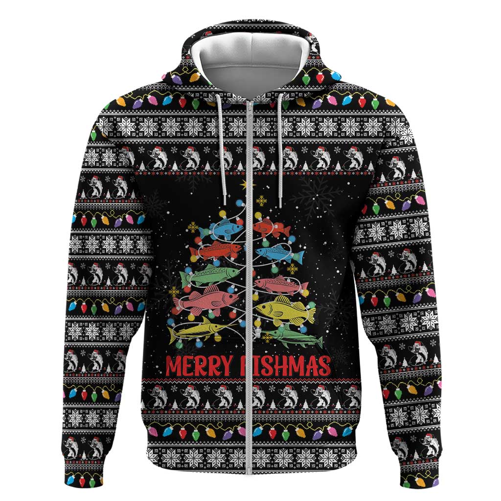 Merry Fishmas Zip Hoodie Fishing Christmas Tree Lights - Wonder Print Shop