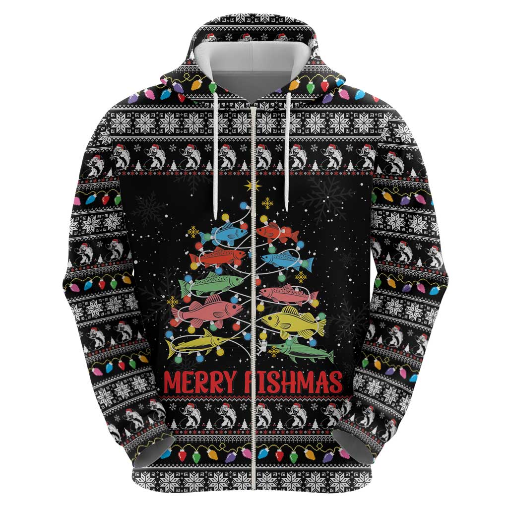 Merry Fishmas Zip Hoodie Fishing Christmas Tree Lights - Wonder Print Shop