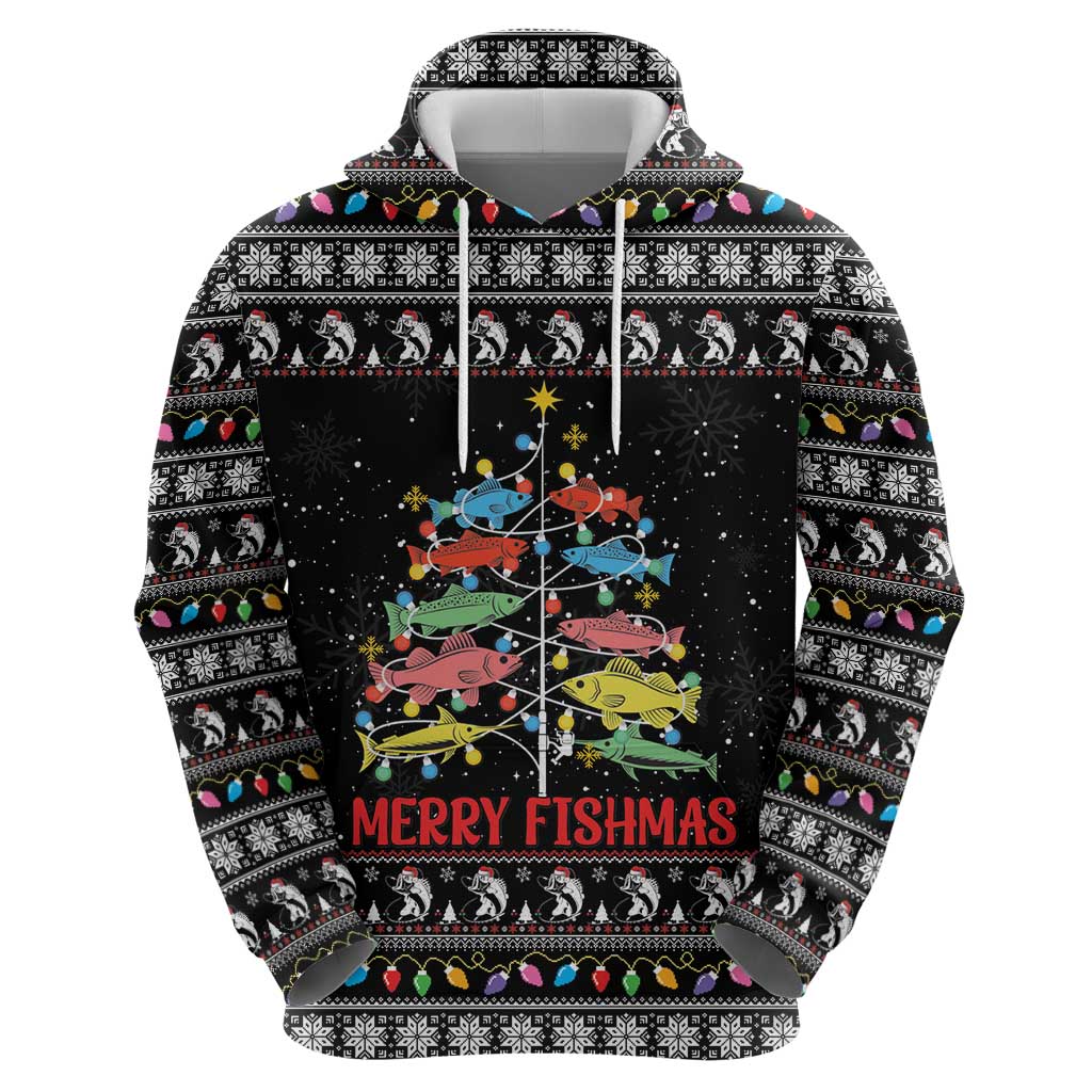 Merry Fishmas Zip Hoodie Fishing Christmas Tree Lights - Wonder Print Shop
