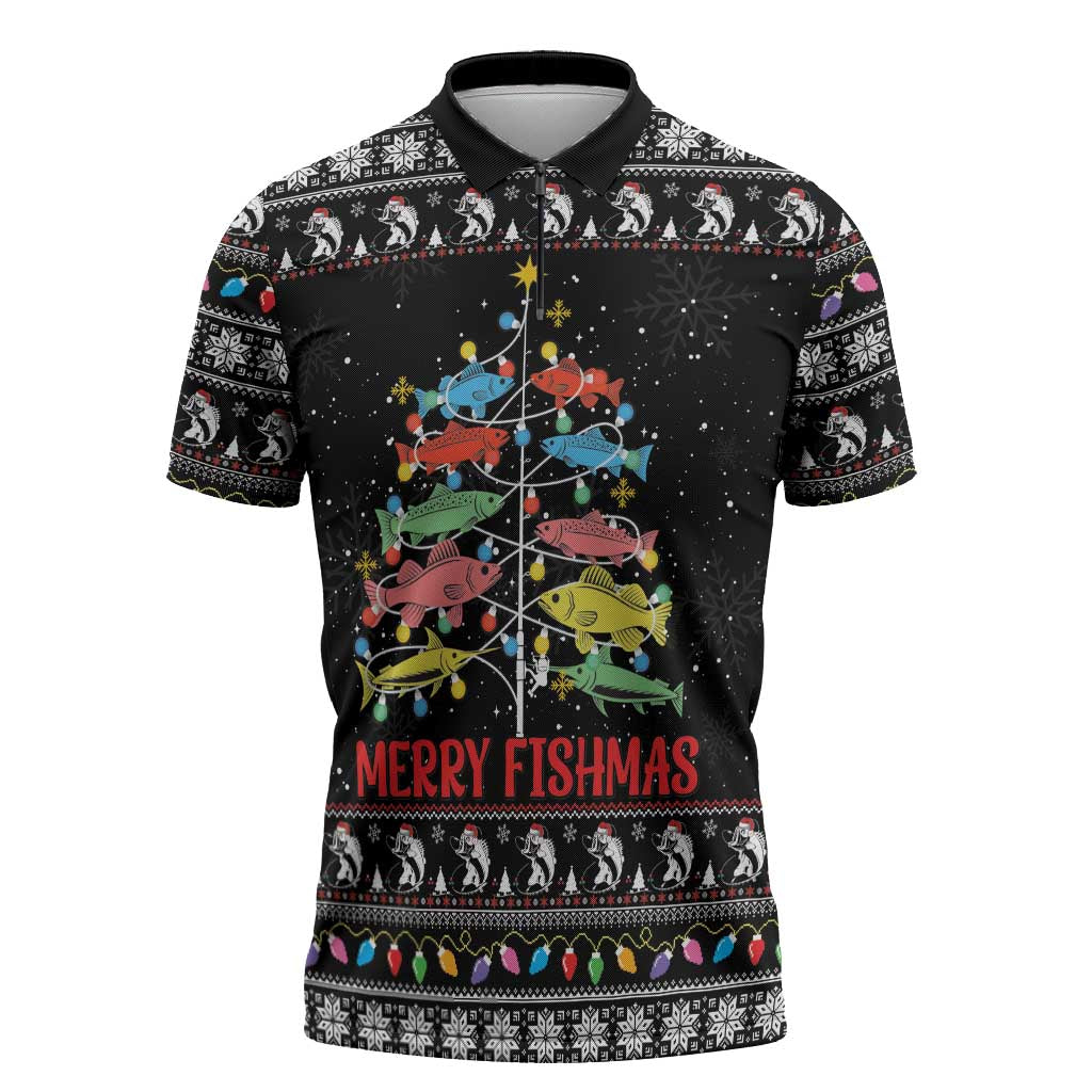 Merry Fishmas Zipper Polo Shirt Fishing Christmas Tree Lights - Wonder Print Shop