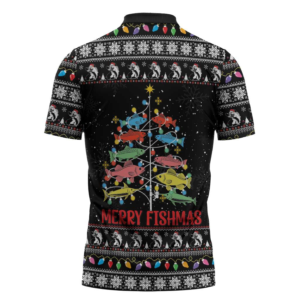 Merry Fishmas Zipper Polo Shirt Fishing Christmas Tree Lights - Wonder Print Shop