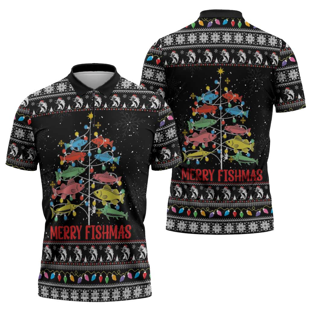 Merry Fishmas Zipper Polo Shirt Fishing Christmas Tree Lights - Wonder Print Shop