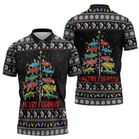 Merry Fishmas Zipper Polo Shirt Fishing Christmas Tree Lights - Wonder Print Shop