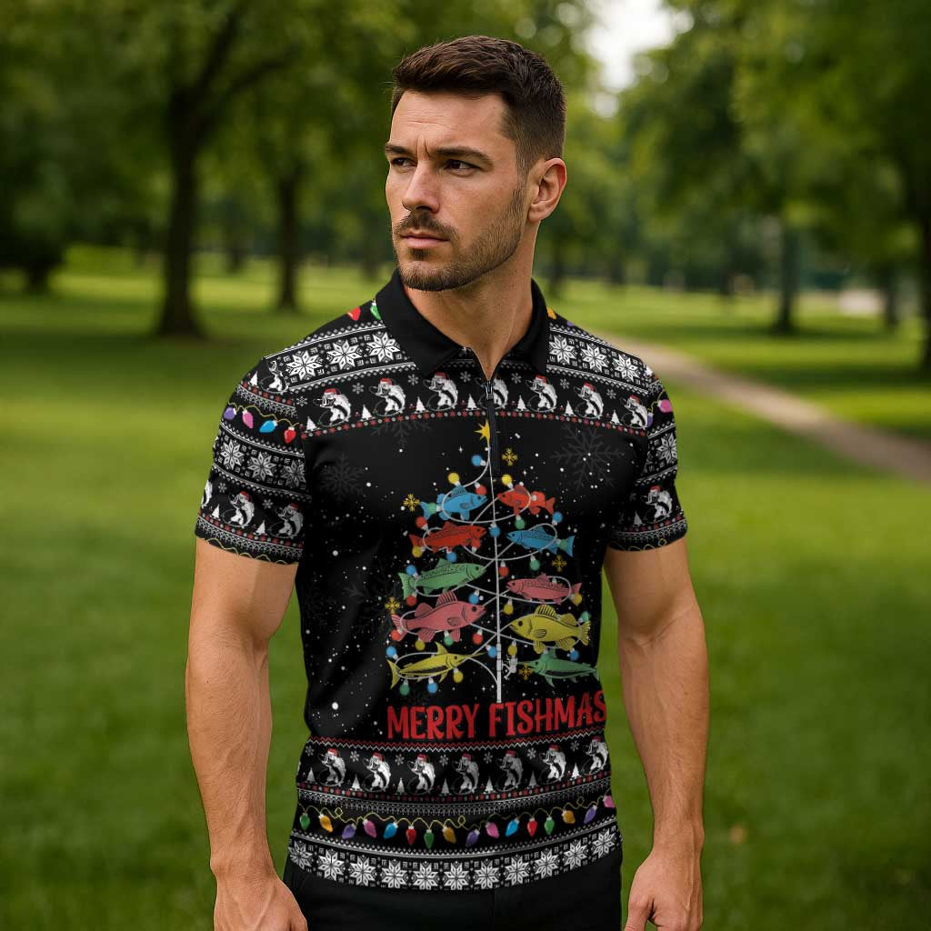 Merry Fishmas Zipper Polo Shirt Fishing Christmas Tree Lights - Wonder Print Shop