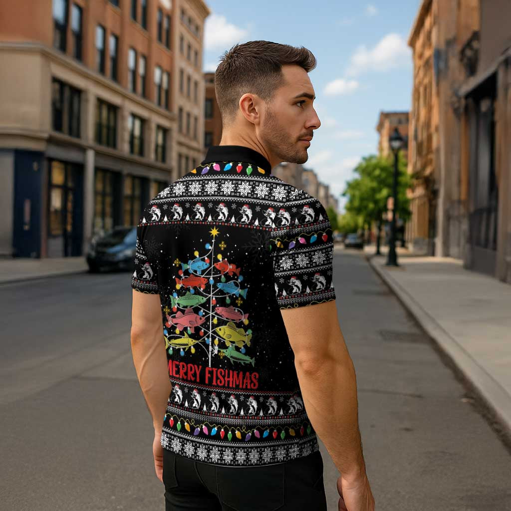 Merry Fishmas Zipper Polo Shirt Fishing Christmas Tree Lights - Wonder Print Shop