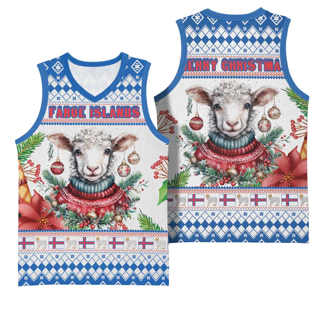 Faroe Islands Christmas Basketball Jersey Cute Faroese Sheep Xmas Patterns - Wonder Print Shop