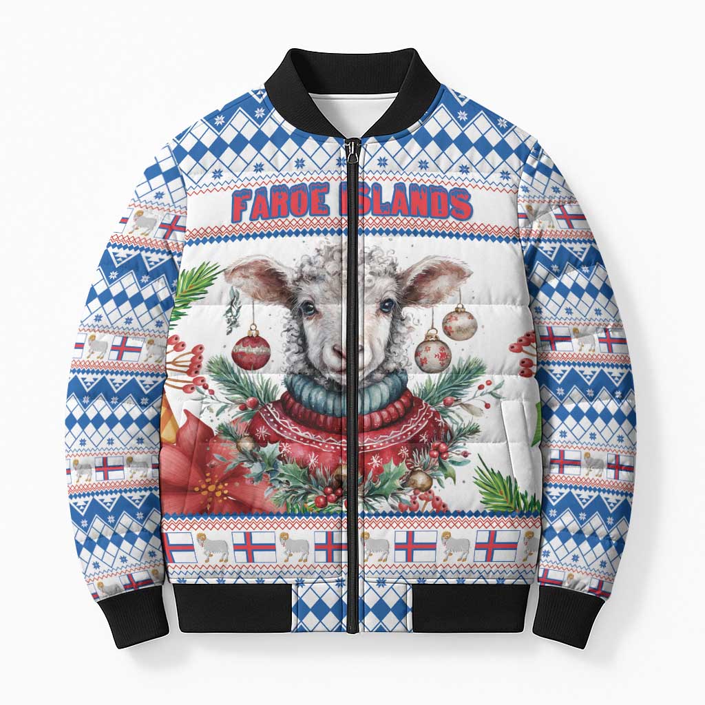 Faroe Islands Christmas Bomber Puffer Jacket Cute Faroese Sheep Xmas Patterns - Wonder Print Shop