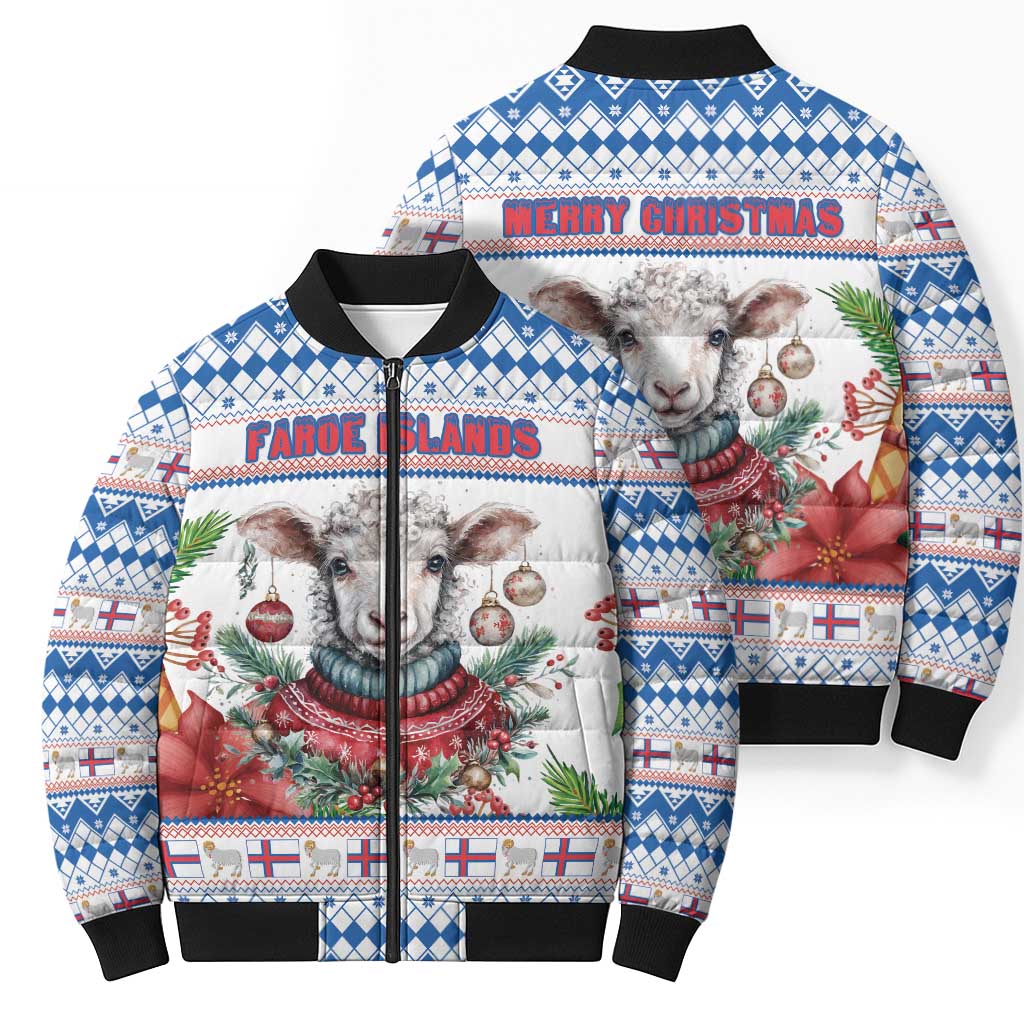 Faroe Islands Christmas Bomber Puffer Jacket Cute Faroese Sheep Xmas Patterns - Wonder Print Shop