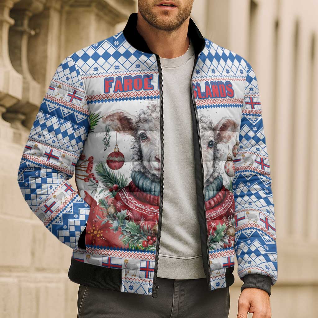 Faroe Islands Christmas Bomber Puffer Jacket Cute Faroese Sheep Xmas Patterns - Wonder Print Shop