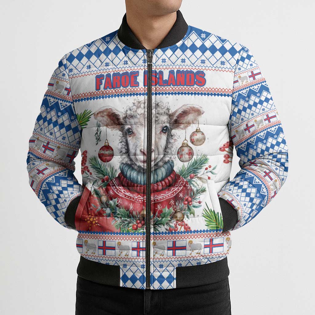 Faroe Islands Christmas Bomber Puffer Jacket Cute Faroese Sheep Xmas Patterns - Wonder Print Shop