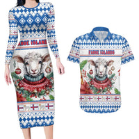 Faroe Islands Christmas Couples Matching Long Sleeve Bodycon Dress and Hawaiian Shirt Cute Faroese Sheep Xmas Patterns - Wonder Print Shop