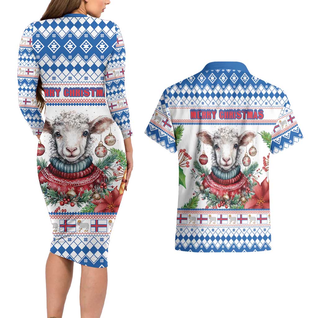 Faroe Islands Christmas Couples Matching Long Sleeve Bodycon Dress and Hawaiian Shirt Cute Faroese Sheep Xmas Patterns - Wonder Print Shop