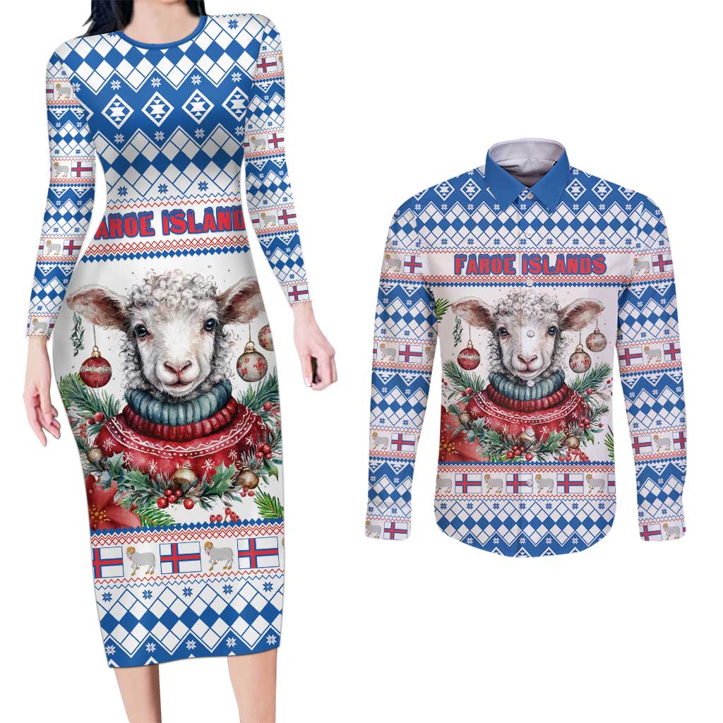 Faroe Islands Christmas Couples Matching Long Sleeve Bodycon Dress and Long Sleeve Button Shirt Cute Faroese Sheep Xmas Patterns - Wonder Print Shop