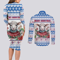 Faroe Islands Christmas Couples Matching Long Sleeve Bodycon Dress and Long Sleeve Button Shirt Cute Faroese Sheep Xmas Patterns - Wonder Print Shop
