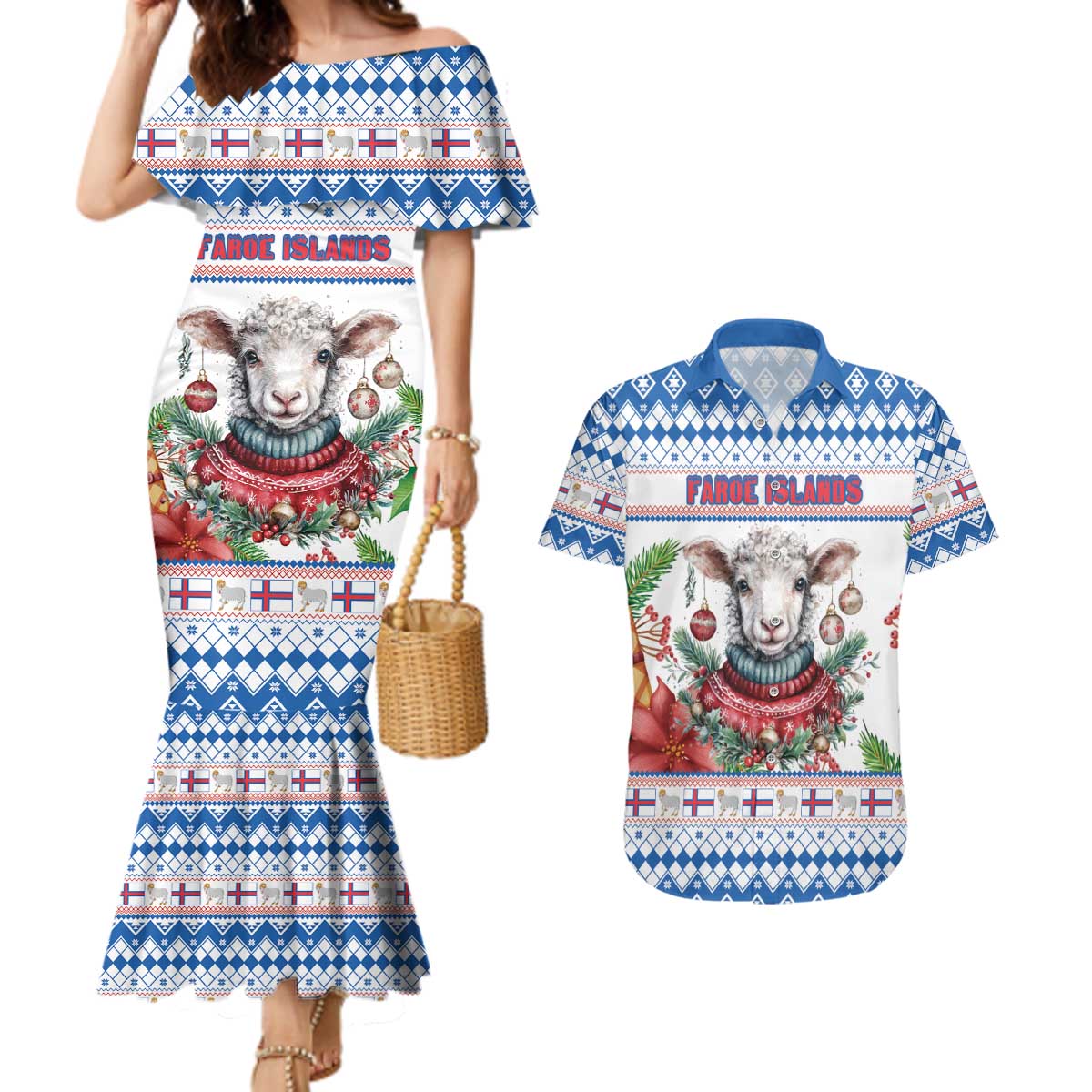 Faroe Islands Christmas Couples Matching Mermaid Dress and Hawaiian Shirt Cute Faroese Sheep Xmas Patterns - Wonder Print Shop