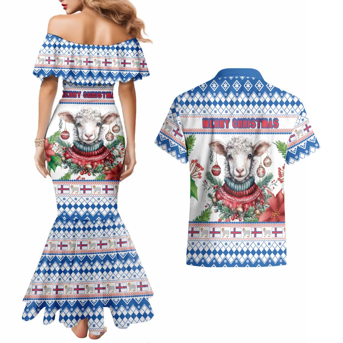 Faroe Islands Christmas Couples Matching Mermaid Dress and Hawaiian Shirt Cute Faroese Sheep Xmas Patterns - Wonder Print Shop