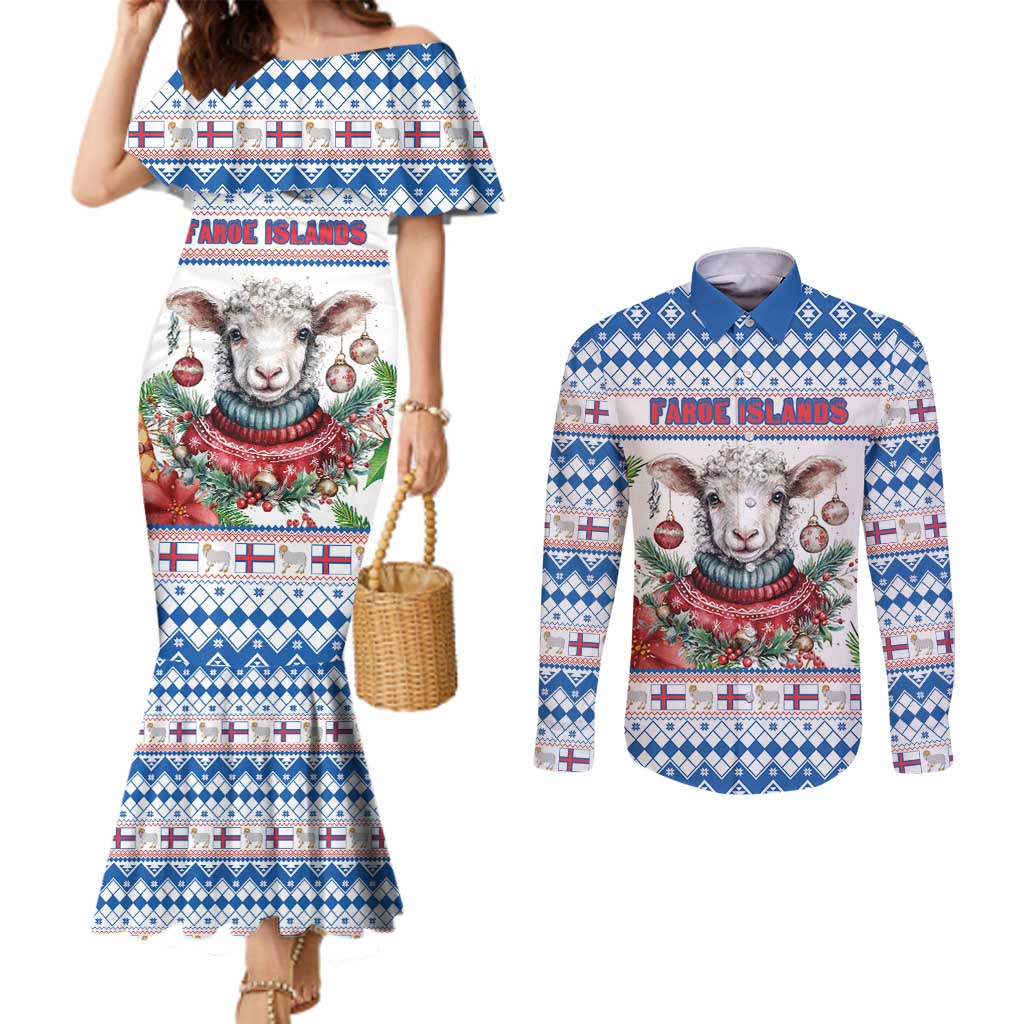 Faroe Islands Christmas Couples Matching Mermaid Dress and Long Sleeve Button Shirt Cute Faroese Sheep Xmas Patterns - Wonder Print Shop