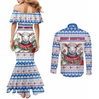 Faroe Islands Christmas Couples Matching Mermaid Dress and Long Sleeve Button Shirt Cute Faroese Sheep Xmas Patterns - Wonder Print Shop