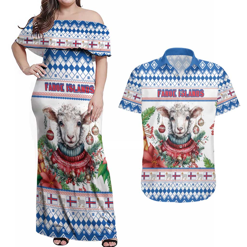 Faroe Islands Christmas Couples Matching Off Shoulder Maxi Dress and Hawaiian Shirt Cute Faroese Sheep Xmas Patterns - Wonder Print Shop