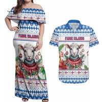 Faroe Islands Christmas Couples Matching Off Shoulder Maxi Dress and Hawaiian Shirt Cute Faroese Sheep Xmas Patterns - Wonder Print Shop