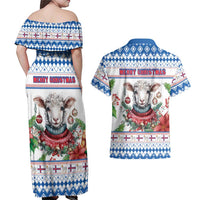 Faroe Islands Christmas Couples Matching Off Shoulder Maxi Dress and Hawaiian Shirt Cute Faroese Sheep Xmas Patterns - Wonder Print Shop