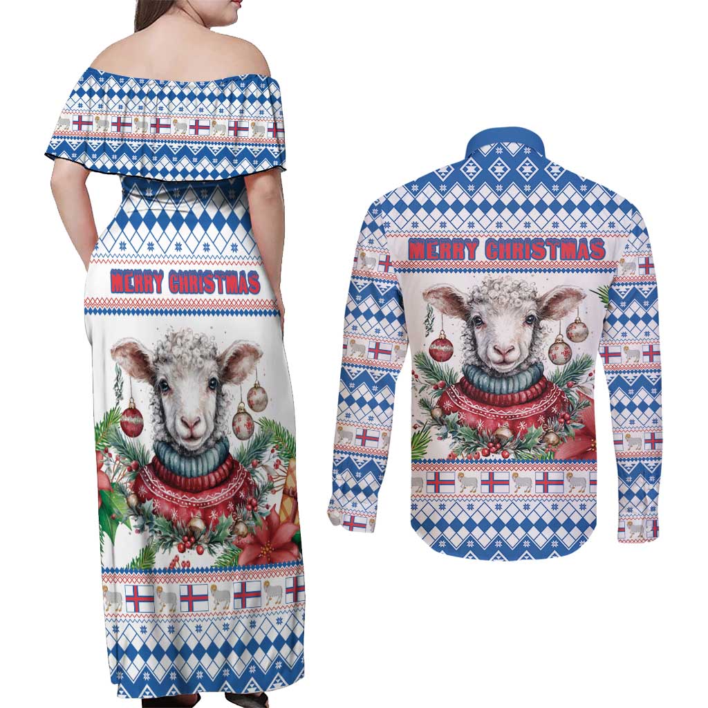 Faroe Islands Christmas Couples Matching Off Shoulder Maxi Dress and Long Sleeve Button Shirt Cute Faroese Sheep Xmas Patterns - Wonder Print Shop