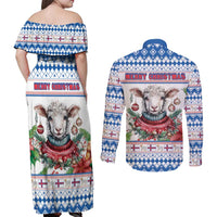 Faroe Islands Christmas Couples Matching Off Shoulder Maxi Dress and Long Sleeve Button Shirt Cute Faroese Sheep Xmas Patterns - Wonder Print Shop