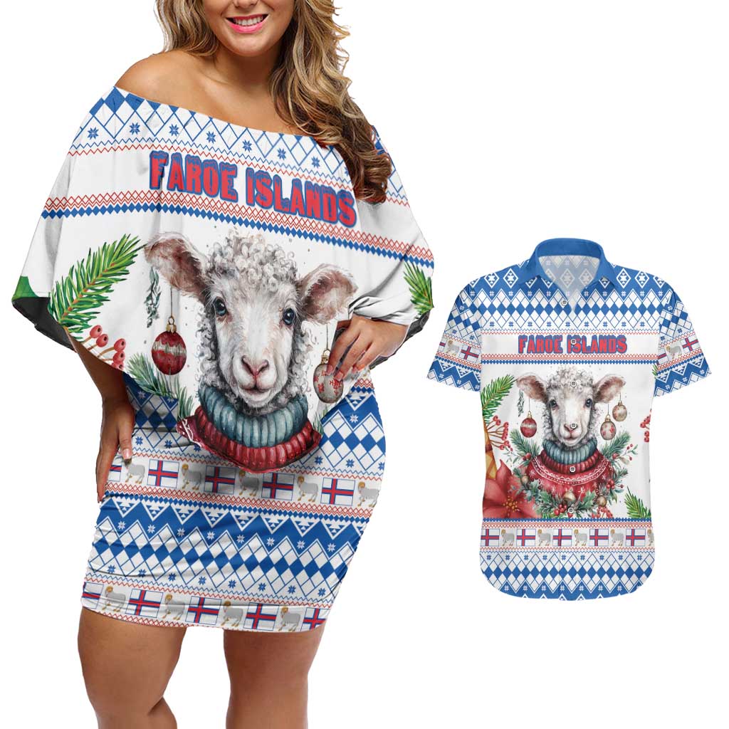 Faroe Islands Christmas Couples Matching Off Shoulder Short Dress and Hawaiian Shirt Cute Faroese Sheep Xmas Patterns - Wonder Print Shop