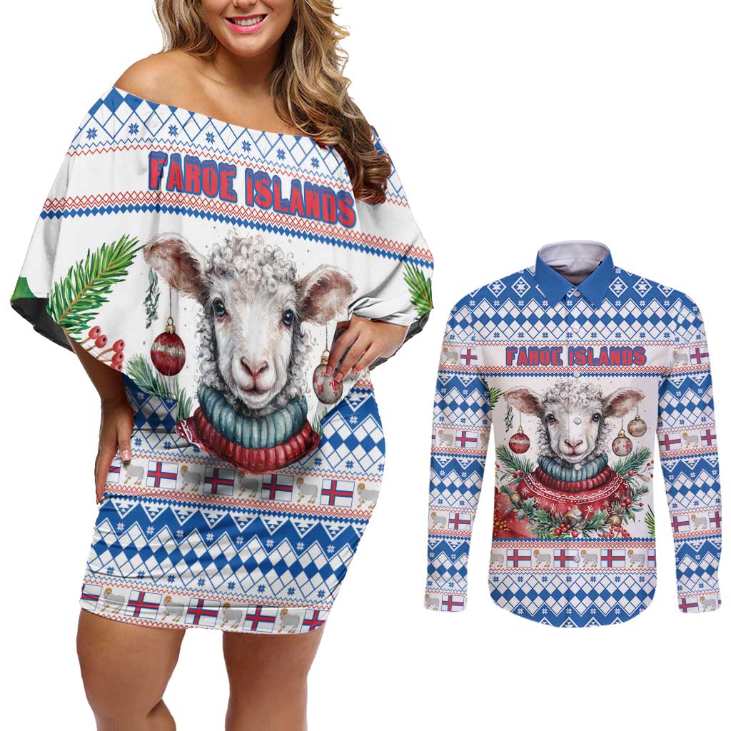 Faroe Islands Christmas Couples Matching Off Shoulder Short Dress and Long Sleeve Button Shirt Cute Faroese Sheep Xmas Patterns - Wonder Print Shop