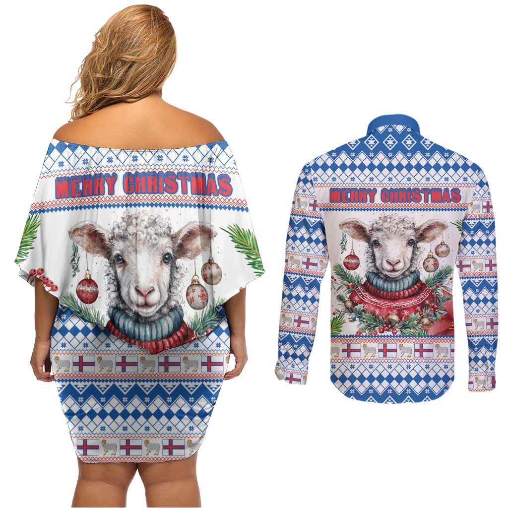 Faroe Islands Christmas Couples Matching Off Shoulder Short Dress and Long Sleeve Button Shirt Cute Faroese Sheep Xmas Patterns - Wonder Print Shop