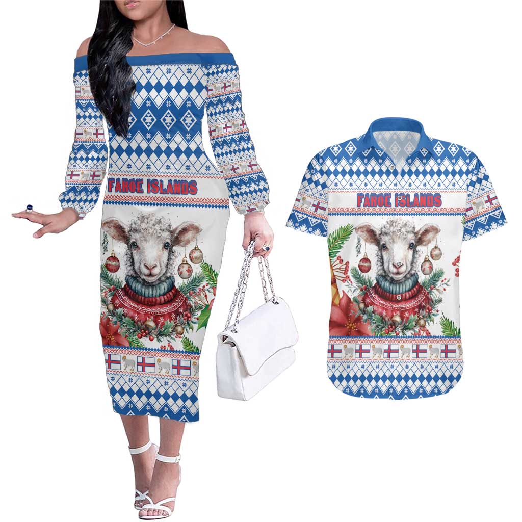 Faroe Islands Christmas Couples Matching Off The Shoulder Long Sleeve Dress and Hawaiian Shirt Cute Faroese Sheep Xmas Patterns - Wonder Print Shop