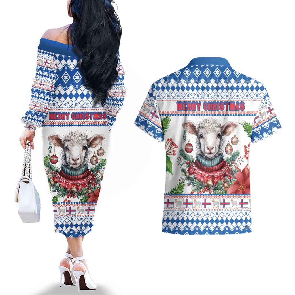 Faroe Islands Christmas Couples Matching Off The Shoulder Long Sleeve Dress and Hawaiian Shirt Cute Faroese Sheep Xmas Patterns - Wonder Print Shop