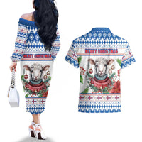 Faroe Islands Christmas Couples Matching Off The Shoulder Long Sleeve Dress and Hawaiian Shirt Cute Faroese Sheep Xmas Patterns - Wonder Print Shop