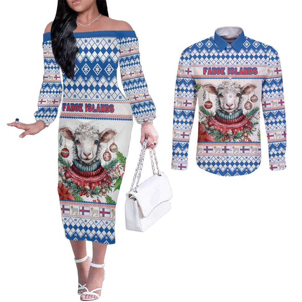 Faroe Islands Christmas Couples Matching Off The Shoulder Long Sleeve Dress and Long Sleeve Button Shirt Cute Faroese Sheep Xmas Patterns - Wonder Print Shop