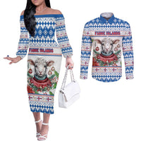 Faroe Islands Christmas Couples Matching Off The Shoulder Long Sleeve Dress and Long Sleeve Button Shirt Cute Faroese Sheep Xmas Patterns - Wonder Print Shop