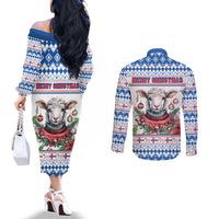 Faroe Islands Christmas Couples Matching Off The Shoulder Long Sleeve Dress and Long Sleeve Button Shirt Cute Faroese Sheep Xmas Patterns - Wonder Print Shop