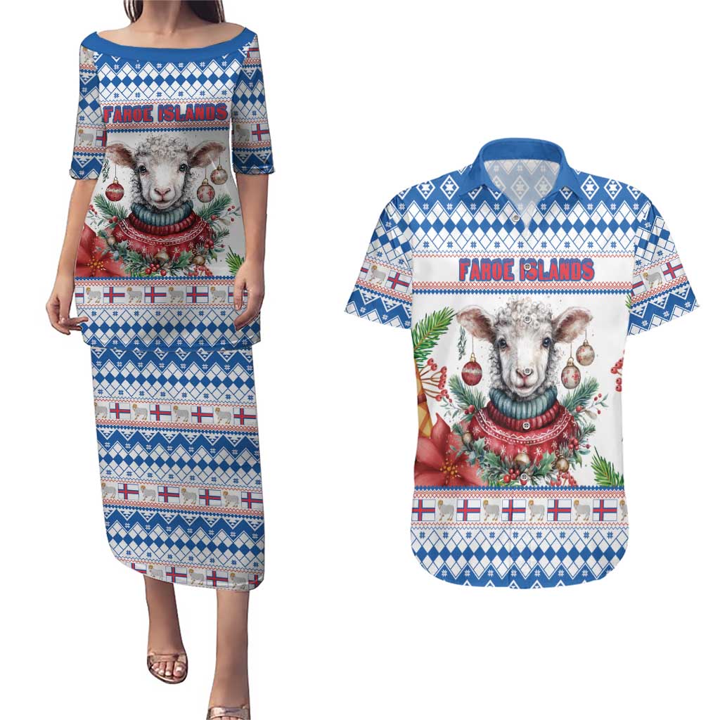 Faroe Islands Christmas Couples Matching Puletasi and Hawaiian Shirt Cute Faroese Sheep Xmas Patterns - Wonder Print Shop