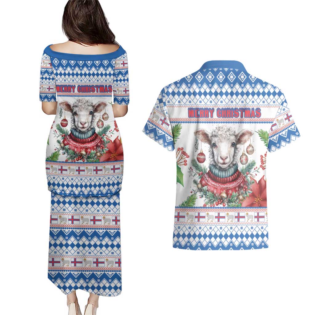 Faroe Islands Christmas Couples Matching Puletasi and Hawaiian Shirt Cute Faroese Sheep Xmas Patterns - Wonder Print Shop