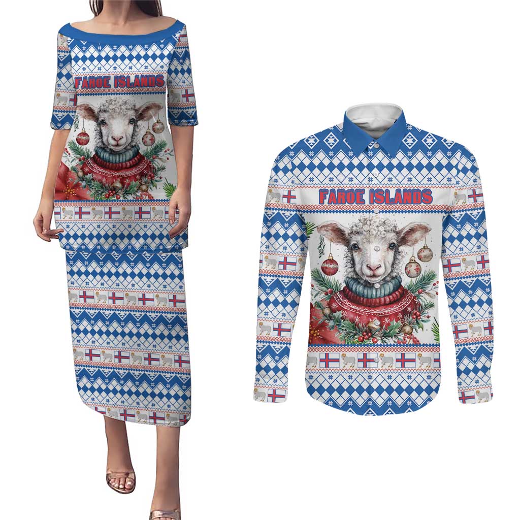 Faroe Islands Christmas Couples Matching Puletasi and Long Sleeve Button Shirt Cute Faroese Sheep Xmas Patterns - Wonder Print Shop