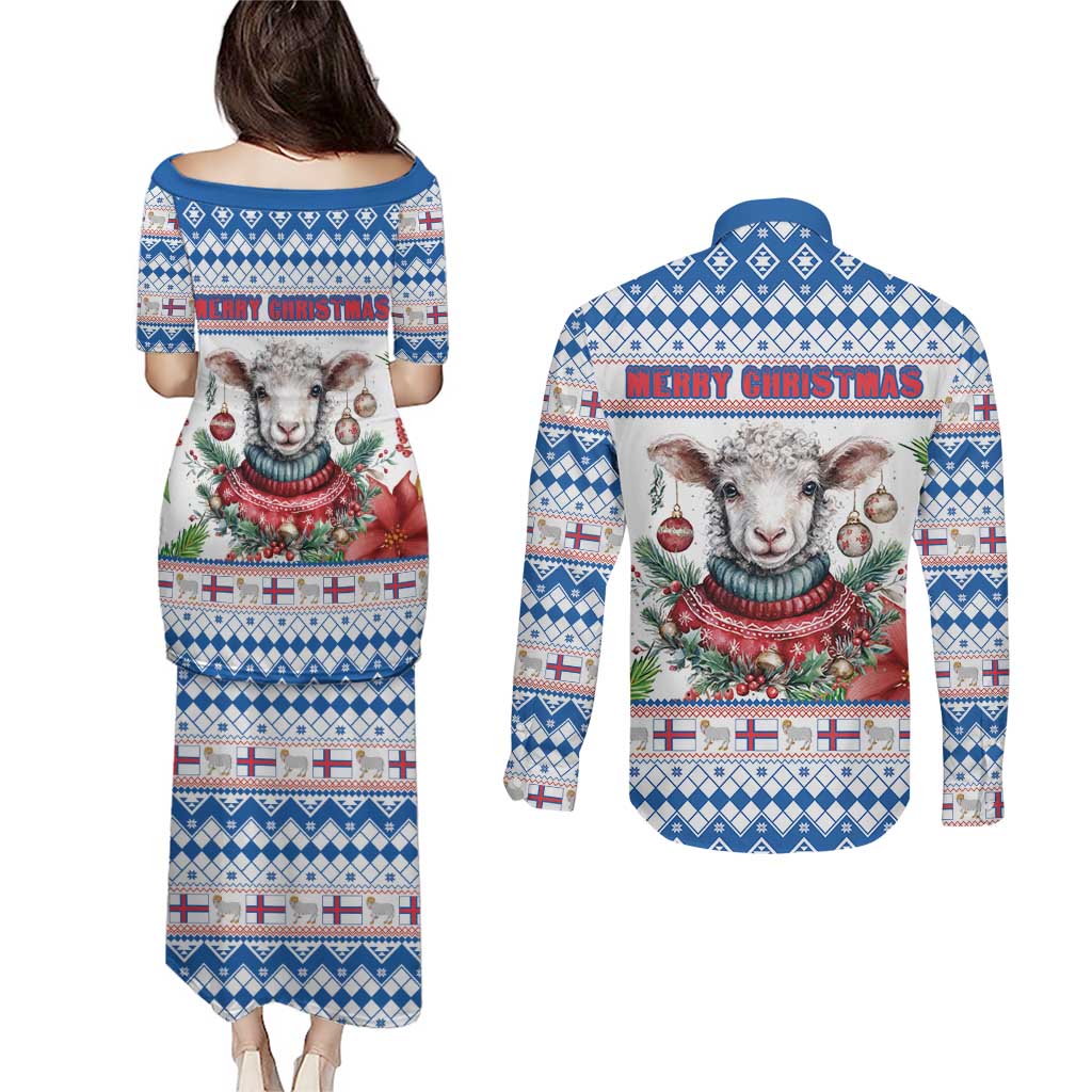 Faroe Islands Christmas Couples Matching Puletasi and Long Sleeve Button Shirt Cute Faroese Sheep Xmas Patterns - Wonder Print Shop