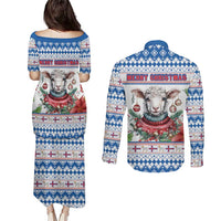Faroe Islands Christmas Couples Matching Puletasi and Long Sleeve Button Shirt Cute Faroese Sheep Xmas Patterns - Wonder Print Shop