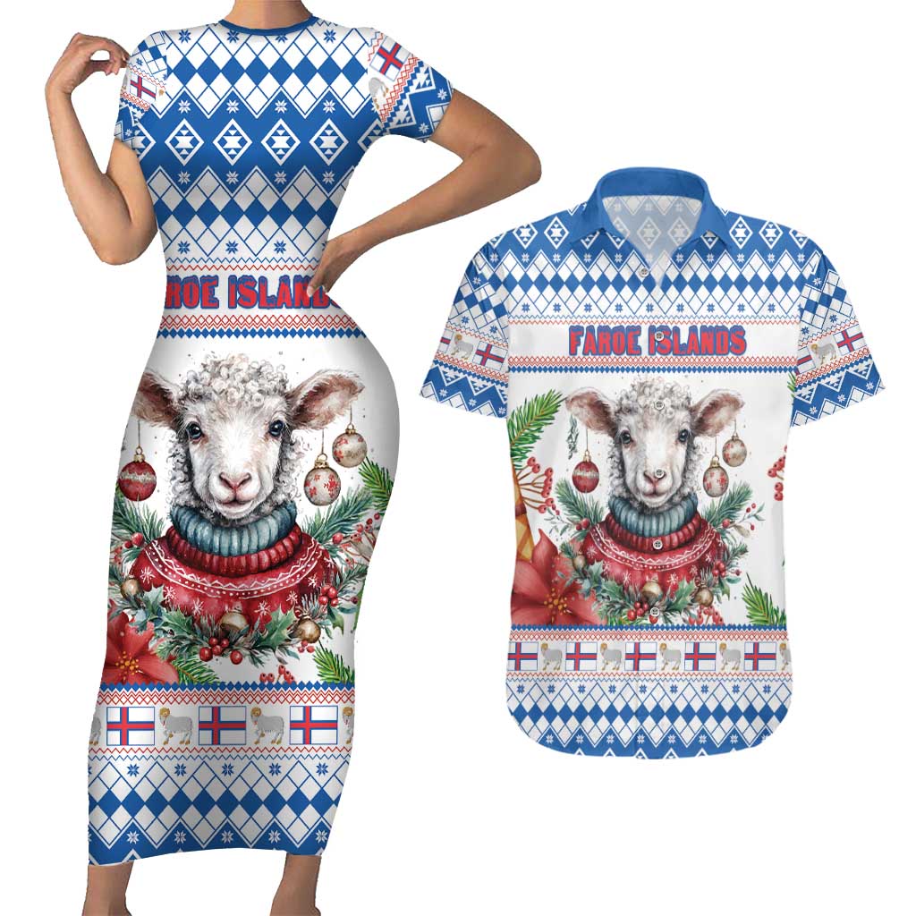 Faroe Islands Christmas Couples Matching Short Sleeve Bodycon Dress and Hawaiian Shirt Cute Faroese Sheep Xmas Patterns - Wonder Print Shop